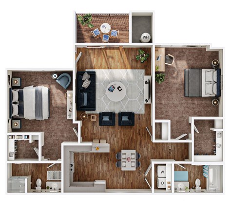 Floor plan for 2 beds, 2 baths, 952 sqft